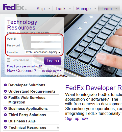 Fedex integration login to retrieve API access key